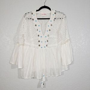 Gipsy Queen‎ White Medallion Eyelet Tunic Top Size M/L